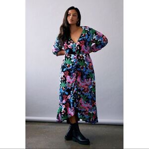 NEW Anthropologe Maeve Ruched V-Neck Black Floral High-Low Maxi Dress Size 14